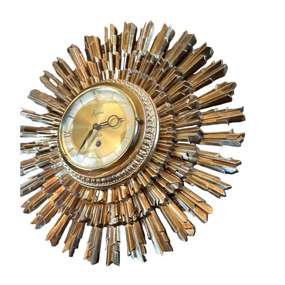 MCM SYROCO 16" Gold SUNBURST 8-DAY JEWELED MID-CENTURY ATOMIC CLOCK & KEY WORKS - Picture 2 of 7